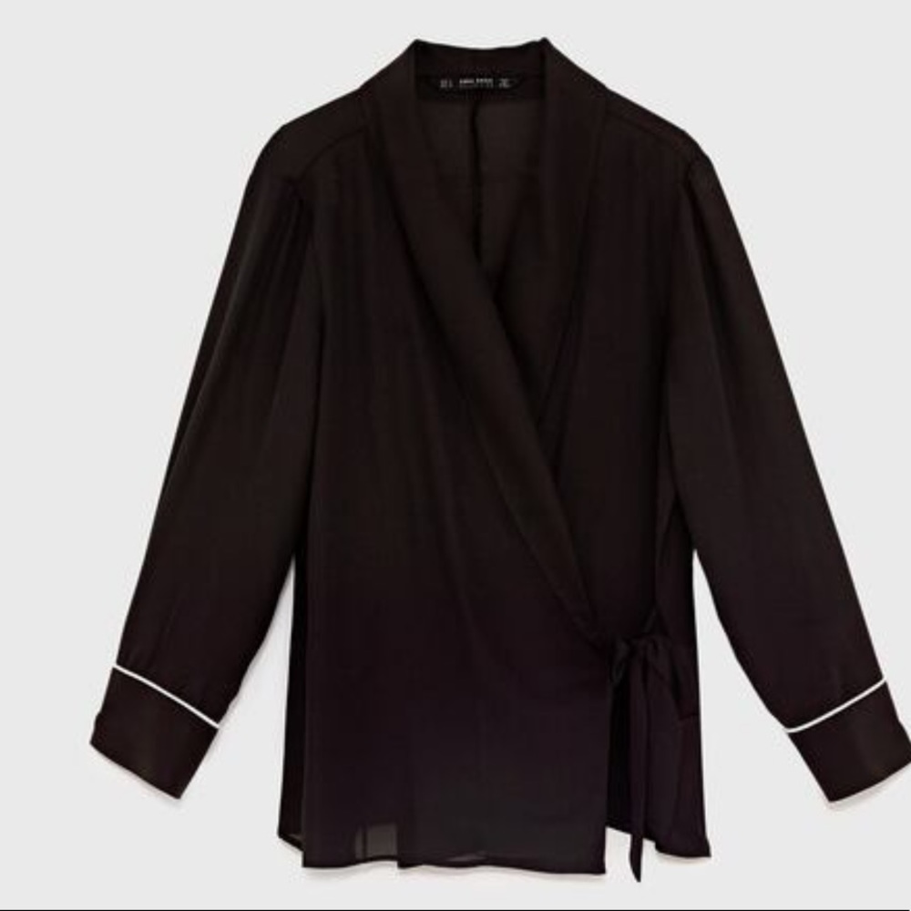 Zara Black Crossover Long Sleeve Blouse (XS)